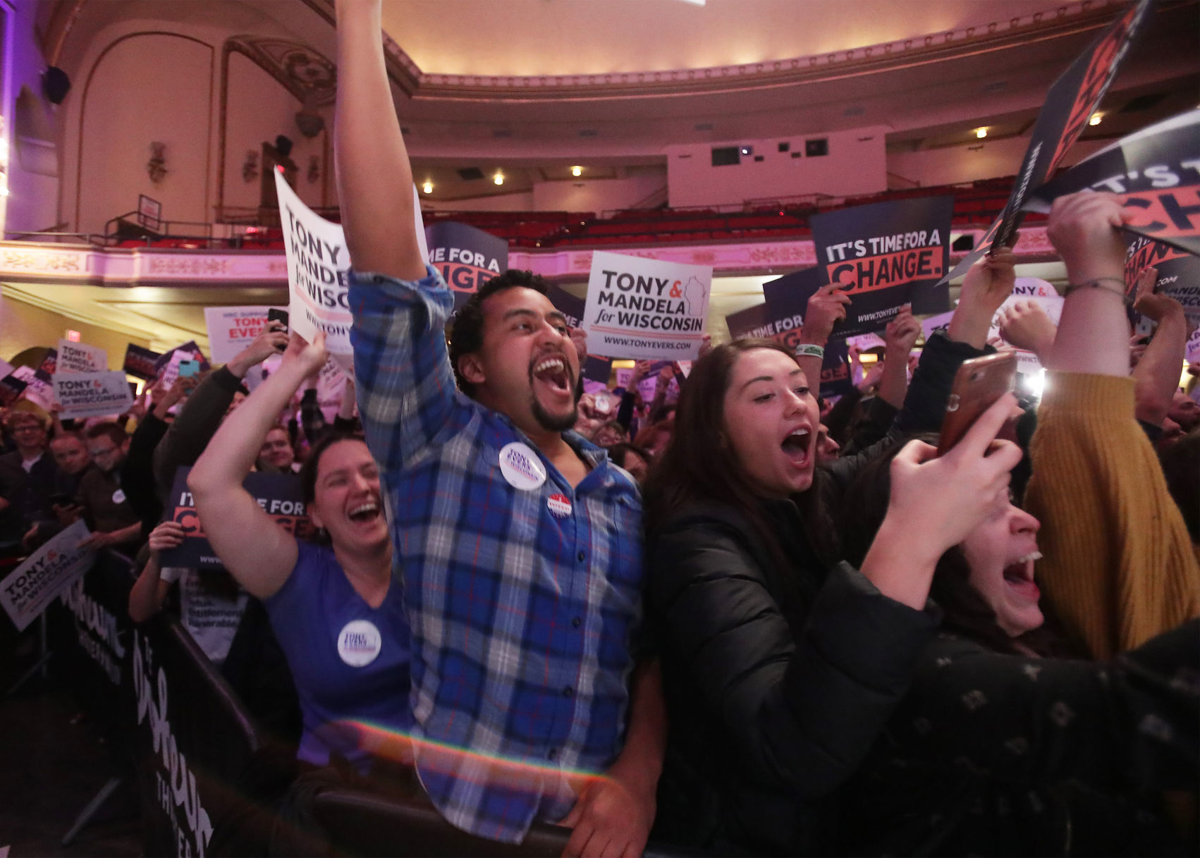 Tony Evers' supporters cheer him on